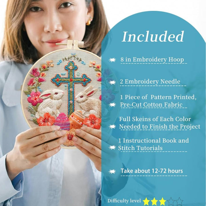 CLB0009.Easter Bunny Embroidery Kit for Beginners – Floral DIY Hand Stitch Craft Set with Hoop(unfinished item)