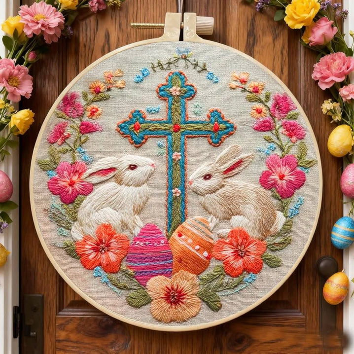 CLB0009.Easter Bunny Embroidery Kit for Beginners – Floral DIY Hand Stitch Craft Set with Hoop(unfinished item)