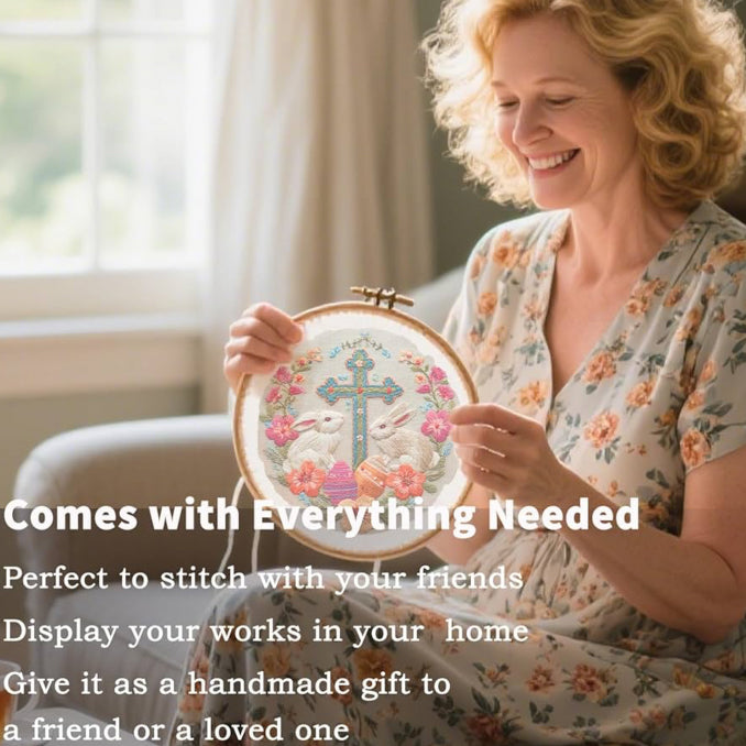 CLB0009.Easter Bunny Embroidery Kit for Beginners – Floral DIY Hand Stitch Craft Set with Hoop(unfinished item)