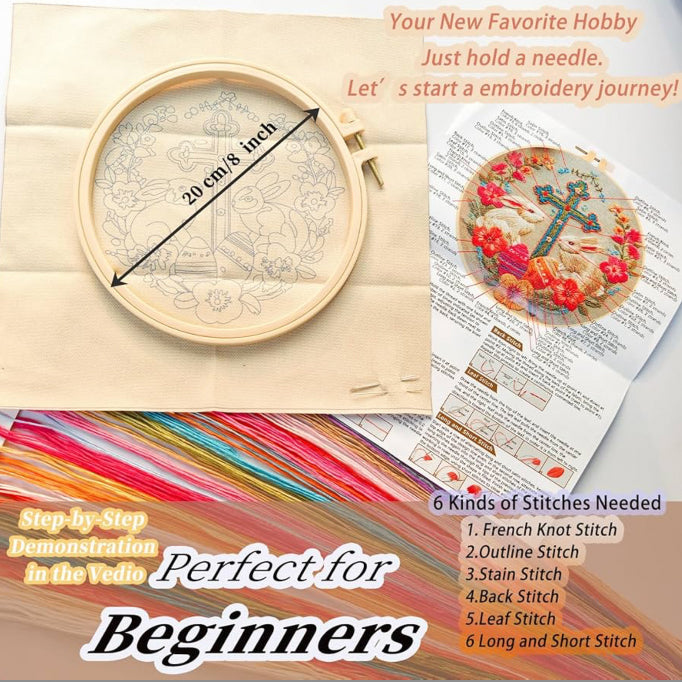 CLB0009.Easter Bunny Embroidery Kit for Beginners – Floral DIY Hand Stitch Craft Set with Hoop(unfinished item)