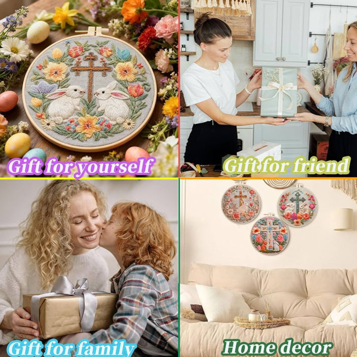 CLB0009.Easter Bunny Embroidery Kit for Beginners – Floral DIY Hand Stitch Craft Set with Hoop(unfinished item)