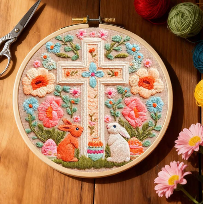 CLB0009.Easter Bunny Embroidery Kit for Beginners – Floral DIY Hand Stitch Craft Set with Hoop(unfinished item)