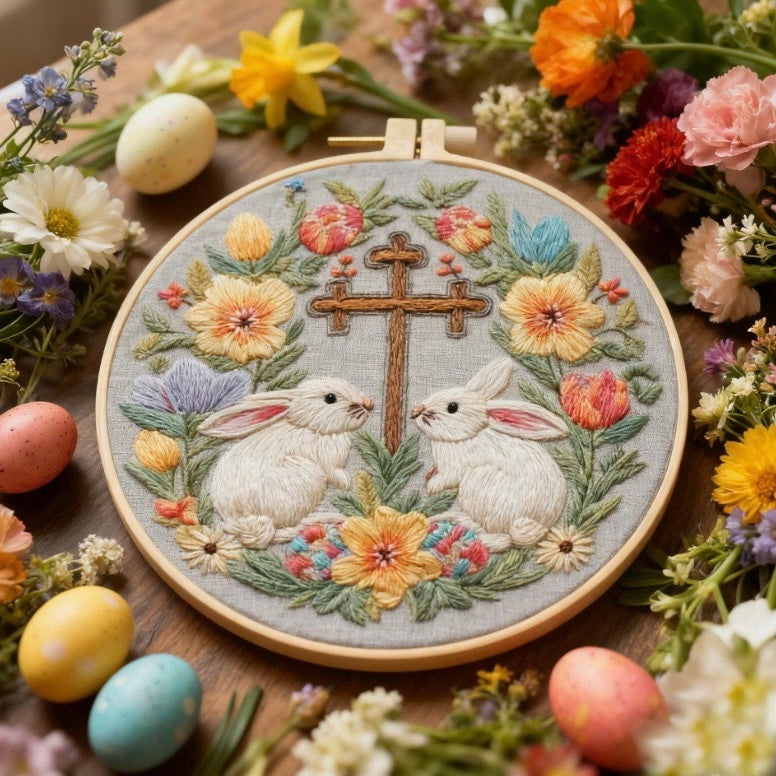 CLB0009.Easter Bunny Embroidery Kit for Beginners – Floral DIY Hand Stitch Craft Set with Hoop(unfinished item)