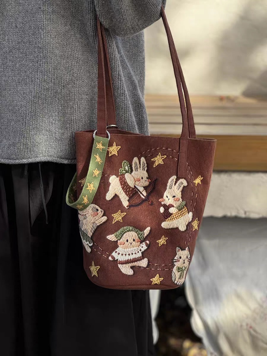 CP0004.Cute Bunny Embroidered Canvas Tote Bag, Cartoon Rabbit Shoulder Bag for Women