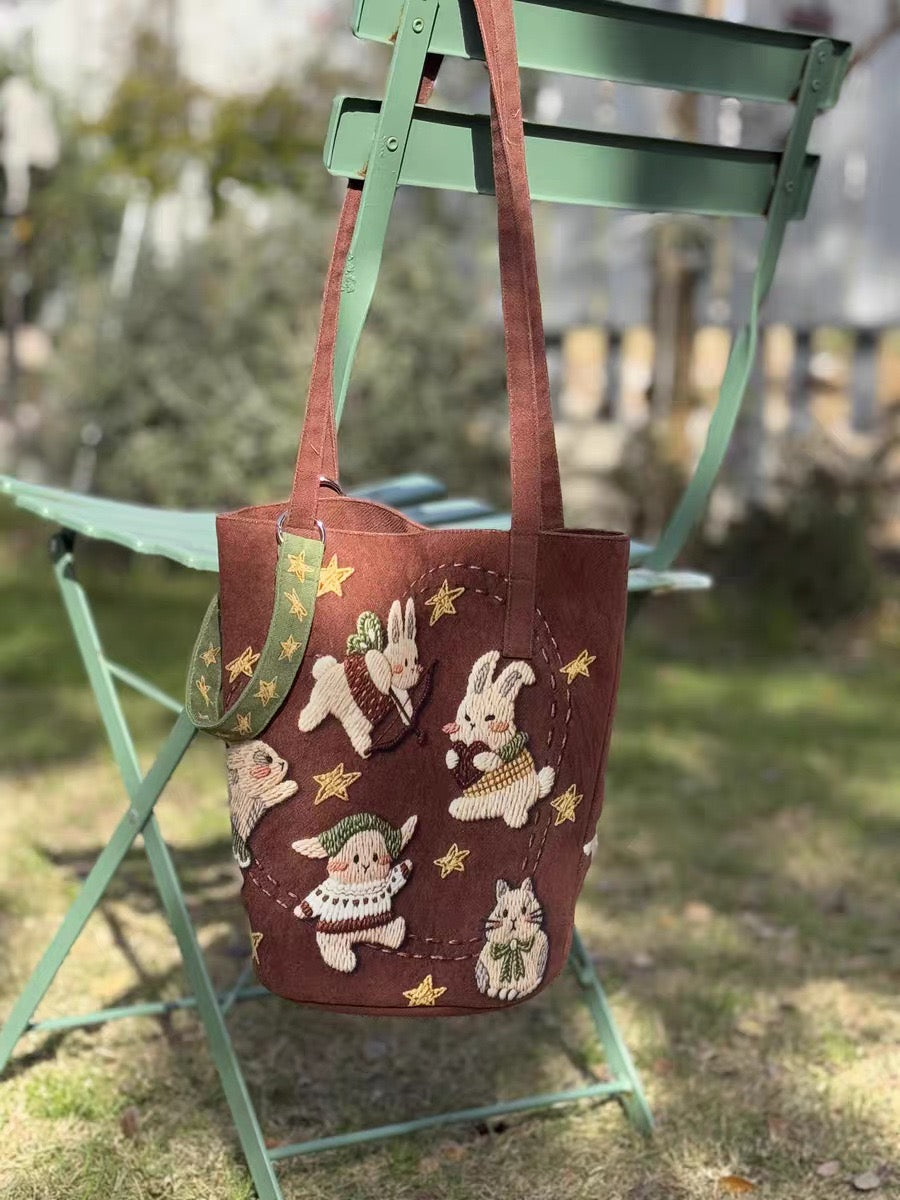 CP0004.Cute Bunny Embroidered Canvas Tote Bag, Cartoon Rabbit Shoulder Bag for Women