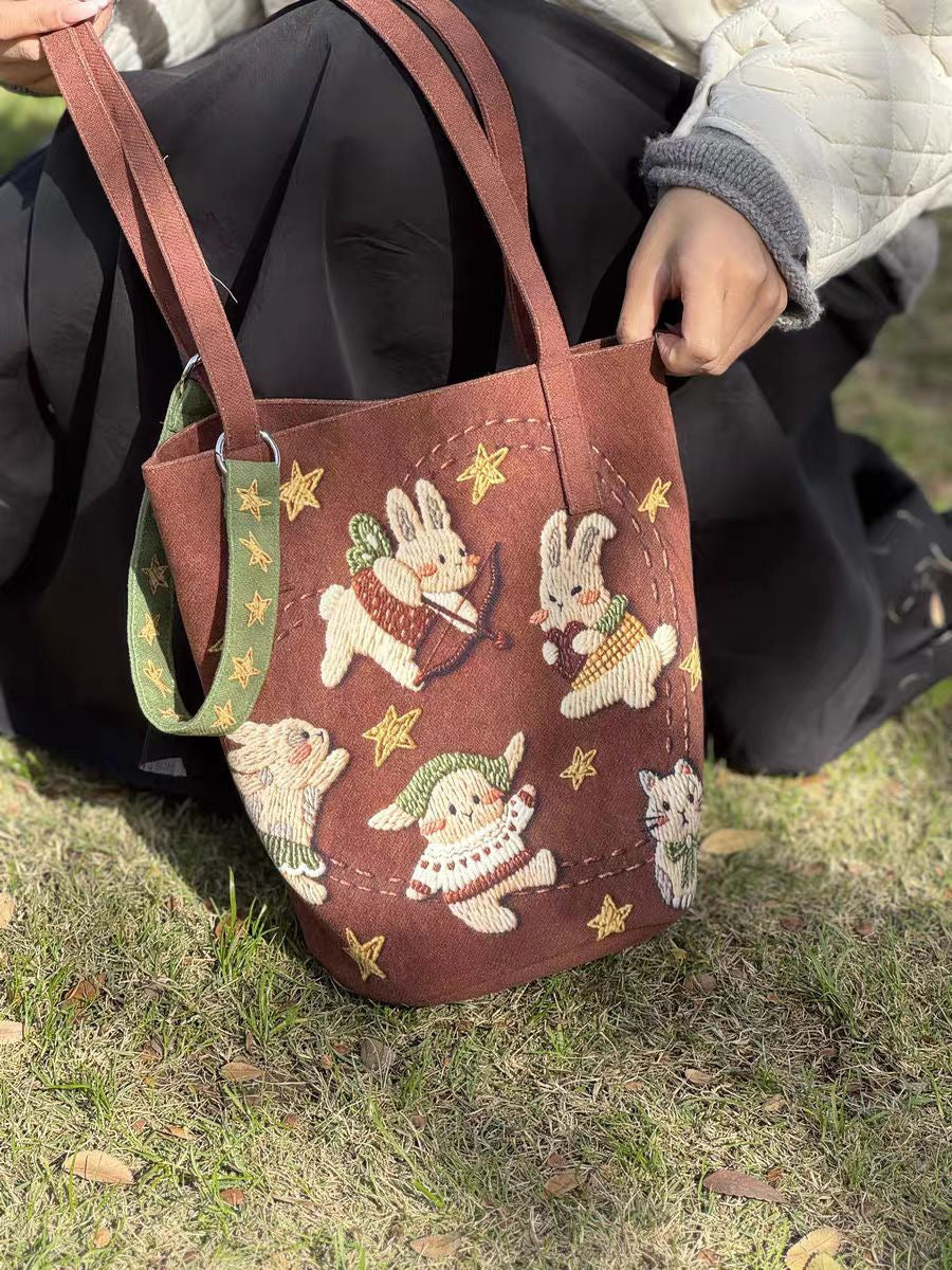 CP0004.Cute Bunny Embroidered Canvas Tote Bag, Cartoon Rabbit Shoulder Bag for Women