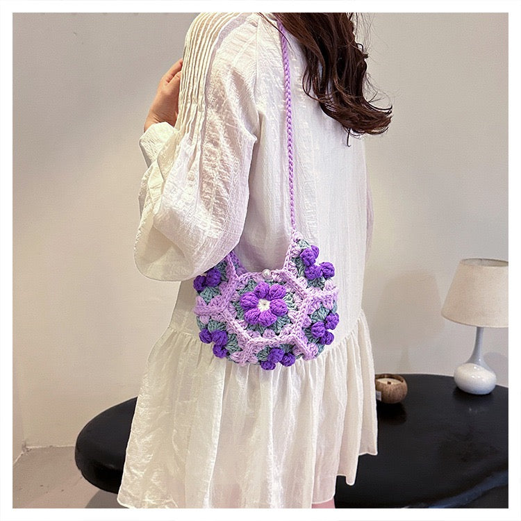 CP0005.Crochet Puff Flower Crescent Bag – Handmade Knit Purse