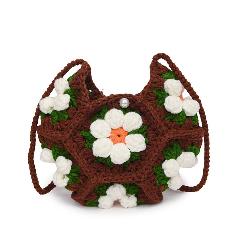 CP0005.Crochet Puff Flower Crescent Bag – Handmade Knit Purse