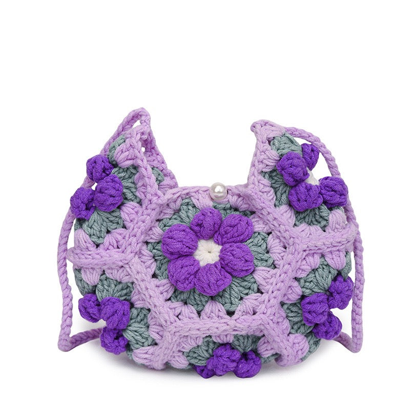 CP0005.Crochet Puff Flower Crescent Bag – Handmade Knit Purse