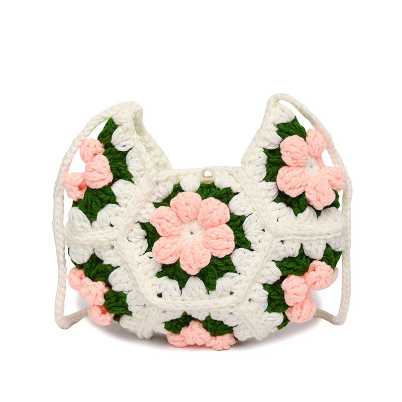 CP0005.Crochet Puff Flower Crescent Bag – Handmade Knit Purse