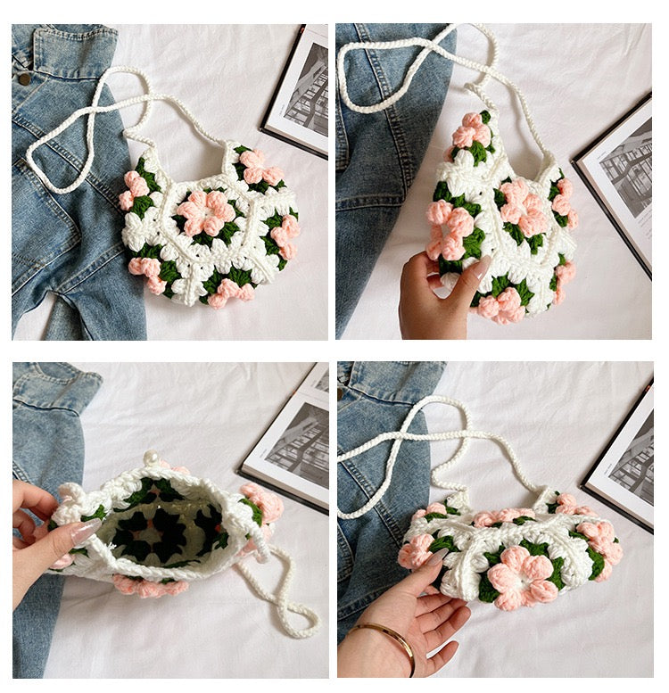 CP0005.Crochet Puff Flower Crescent Bag – Handmade Knit Purse