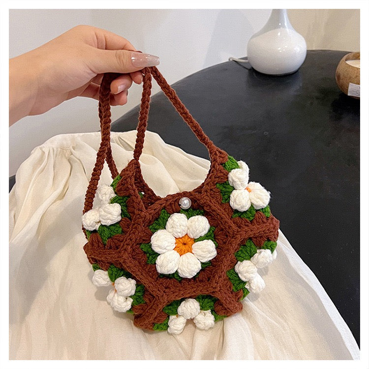 CP0005.Crochet Puff Flower Crescent Bag – Handmade Knit Purse