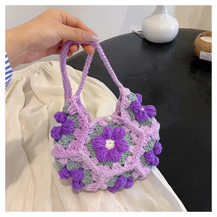CP0005.Crochet Puff Flower Crescent Bag – Handmade Knit Purse
