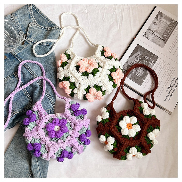 CP0005.Crochet Puff Flower Crescent Bag – Handmade Knit Purse