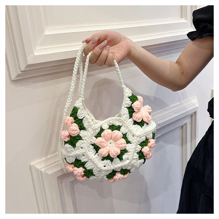 CP0005.Crochet Puff Flower Crescent Bag – Handmade Knit Purse