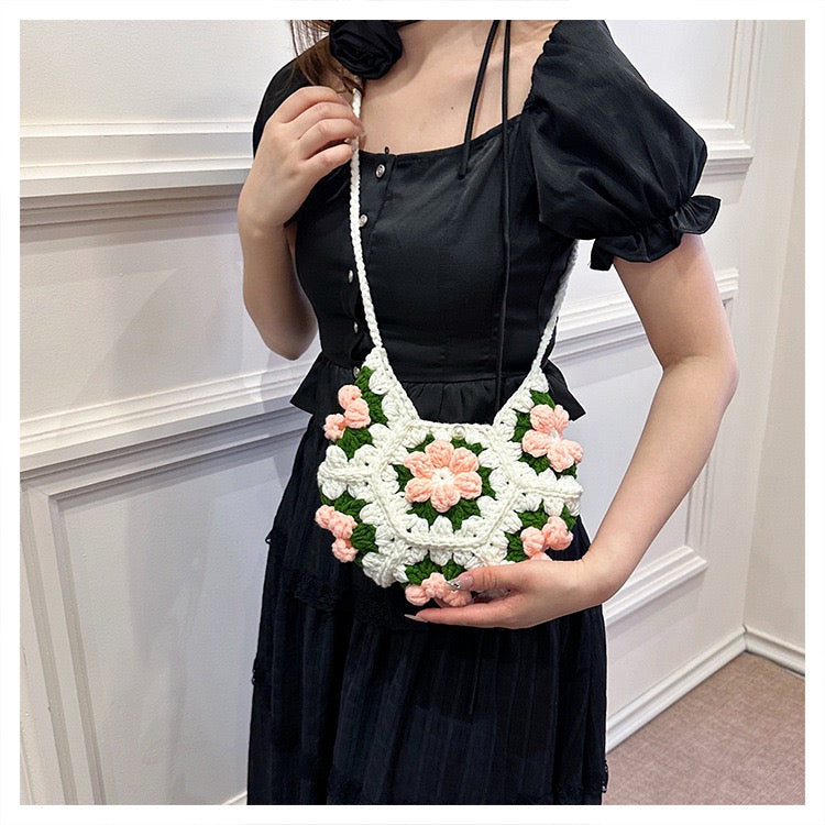 CP0005.Crochet Puff Flower Crescent Bag – Handmade Knit Purse