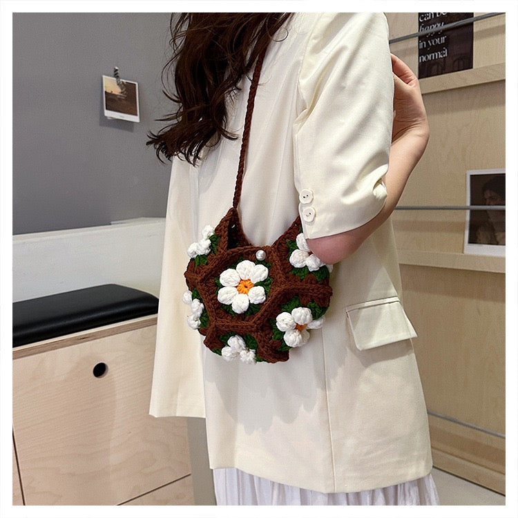 CP0005.Crochet Puff Flower Crescent Bag – Handmade Knit Purse