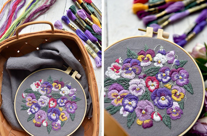CLB0005.DIY Pansy Flower Embroidery Kit, Floral Hand Stitching Craft Set, Needlework Starter Kit for Home Decoration & Gift(unfinished item)