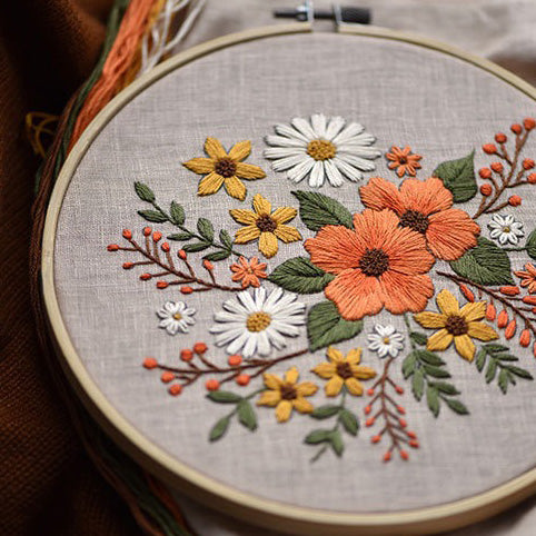 CLB0006.Autumn Floral DIY Embroidery Kit – Handmade Fabric Craft Set(unfinished item)
