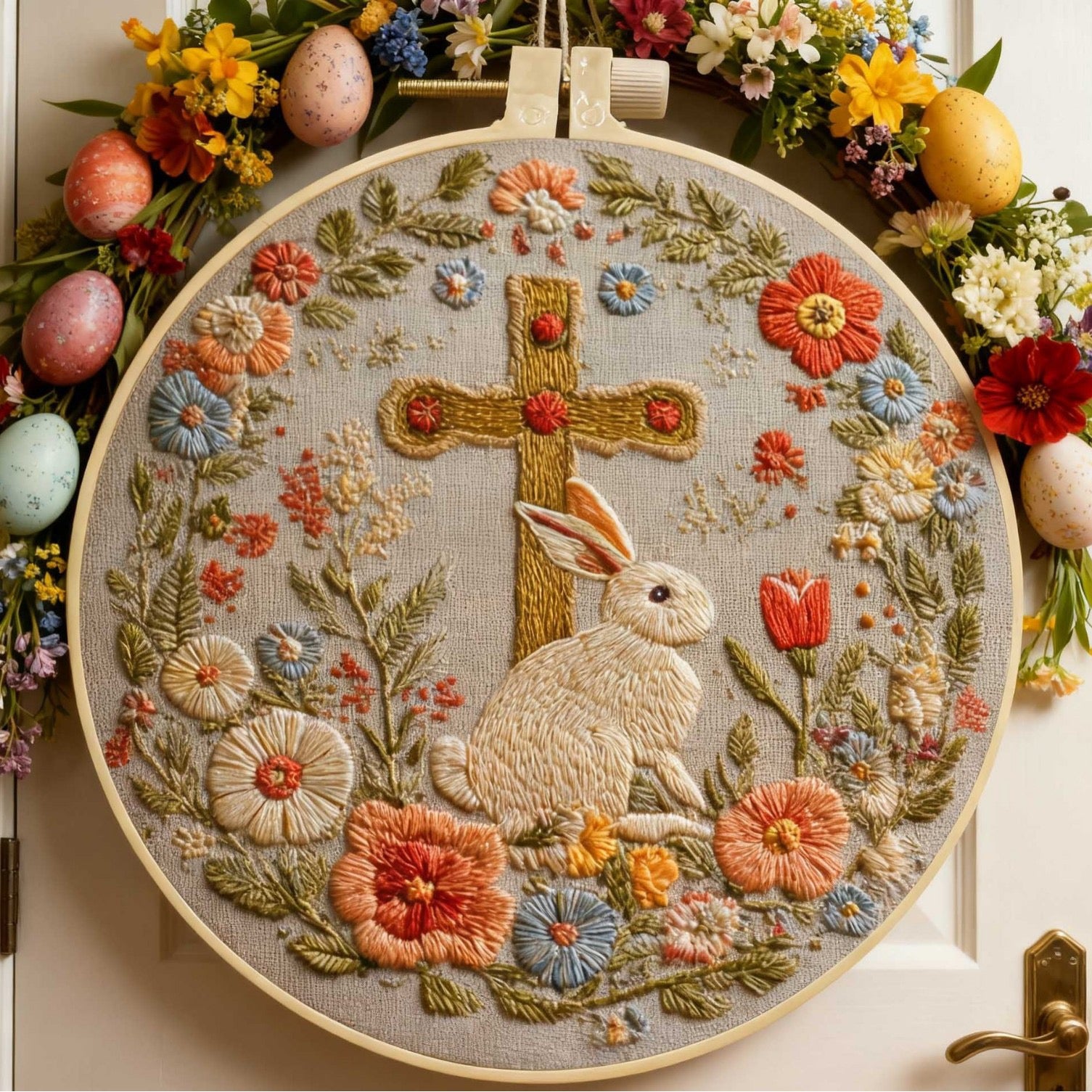 CLB0009.Easter Bunny Embroidery Kit for Beginners – Floral DIY Hand Stitch Craft Set with Hoop(unfinished item)