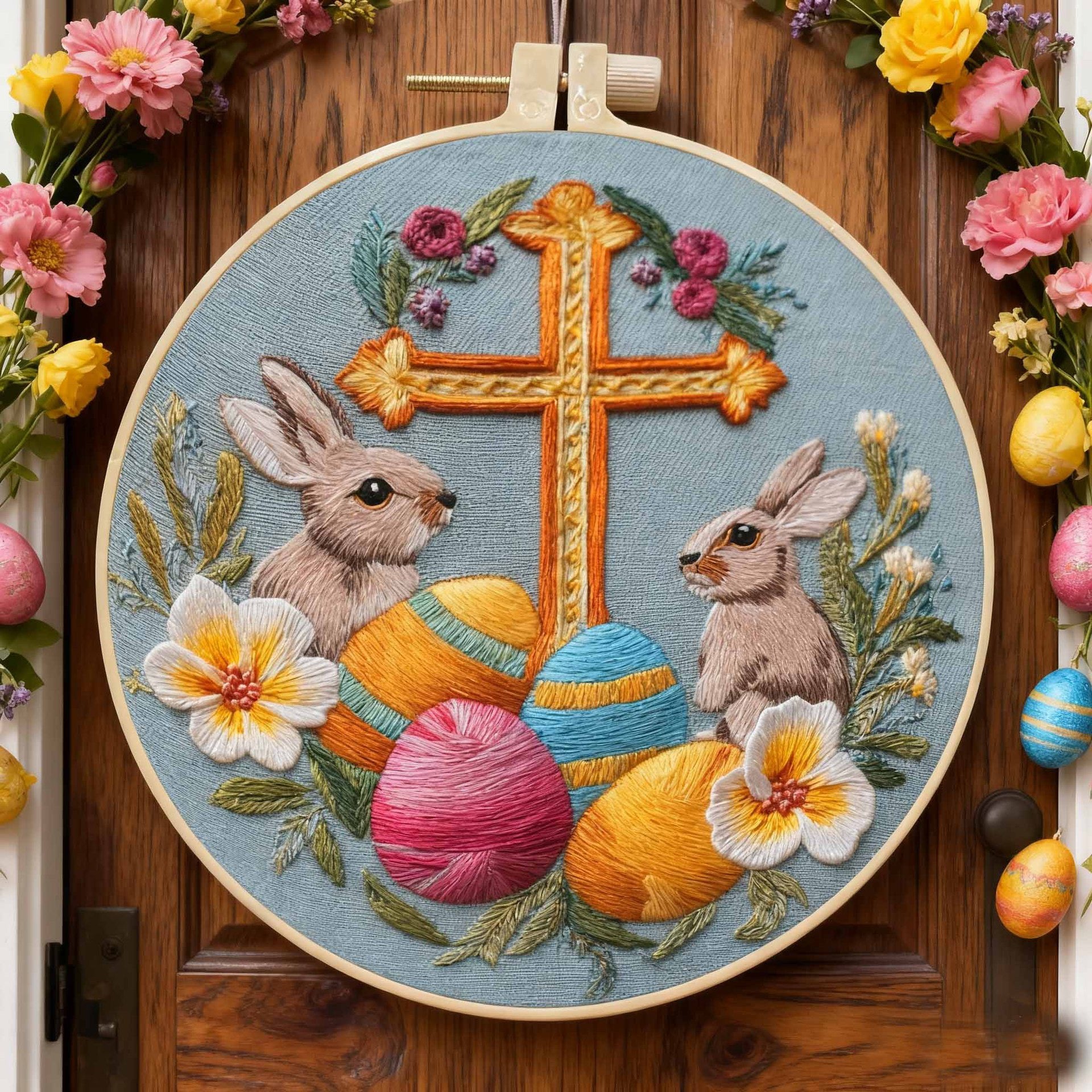CLB0009.Easter Bunny Embroidery Kit for Beginners – Floral DIY Hand Stitch Craft Set with Hoop(unfinished item)