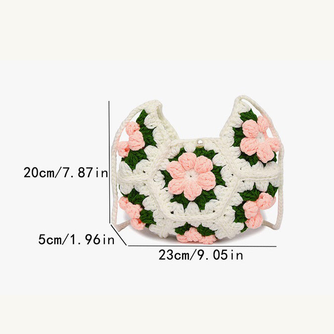 CP0005.Crochet Puff Flower Crescent Bag – Handmade Knit Purse