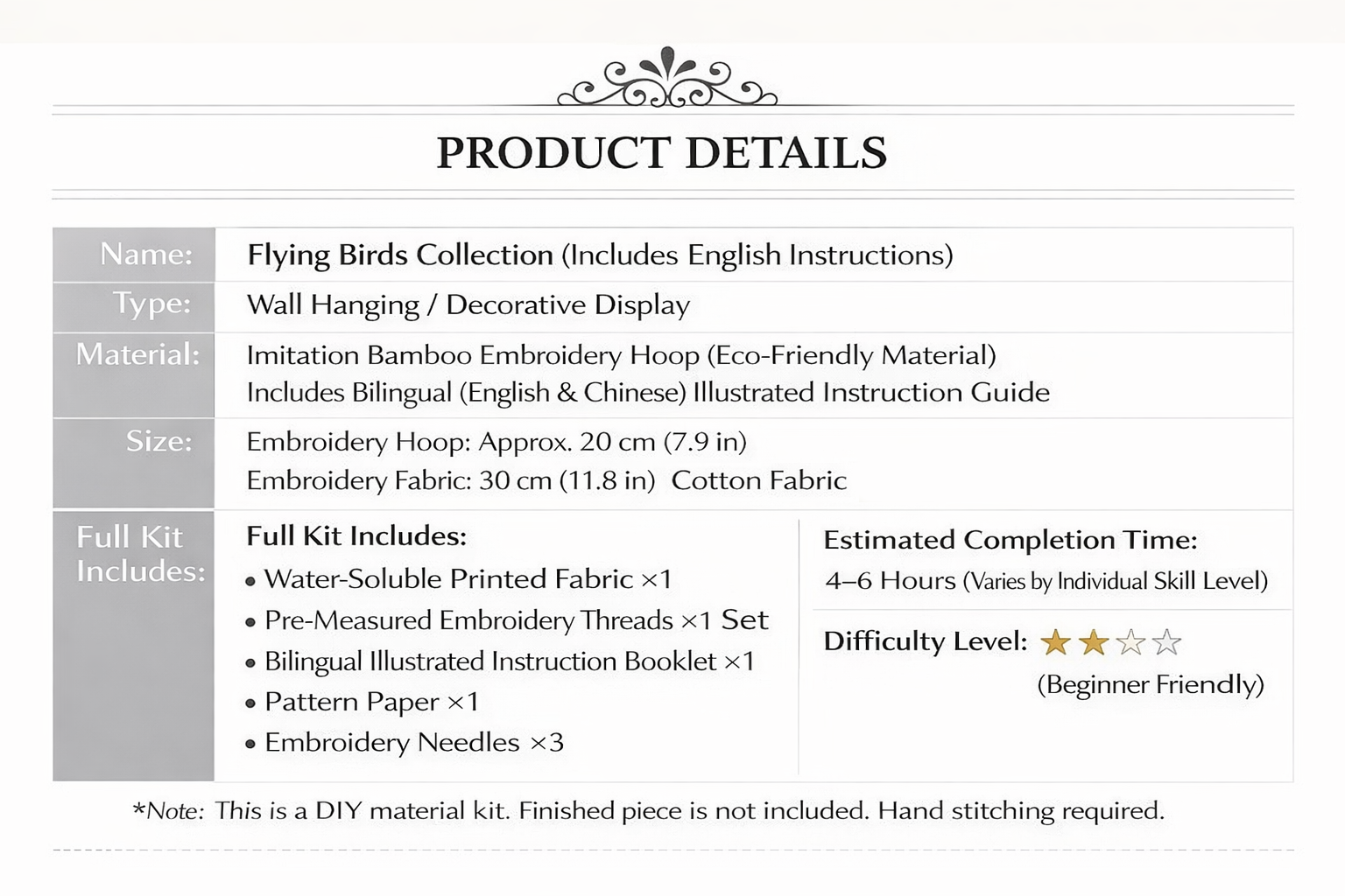 CLB0007.Bird Hand Embroidery DIY Kit – 3D Floral Stitch Craft Set(unfinished item)