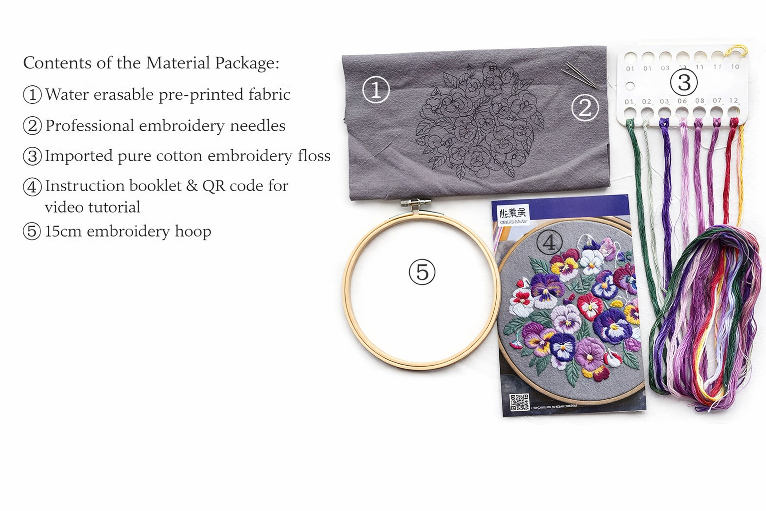 CLB0005.DIY Pansy Flower Embroidery Kit, Floral Hand Stitching Craft Set, Needlework Starter Kit for Home Decoration & Gift(unfinished item)