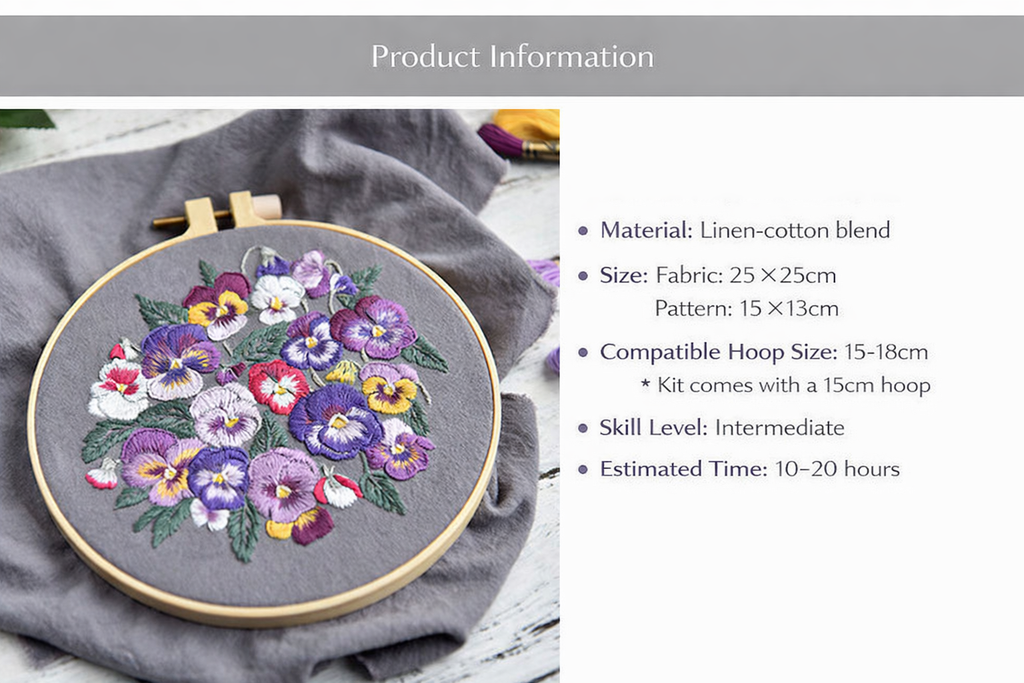 CLB0005.DIY Pansy Flower Embroidery Kit, Floral Hand Stitching Craft Set, Needlework Starter Kit for Home Decoration & Gift(unfinished item)