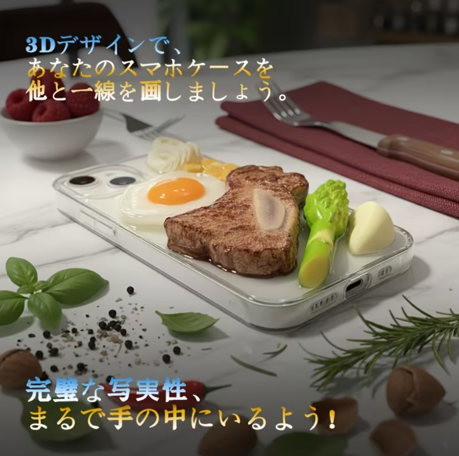 0013.3Dステーキセットスマホケース｜リアルな3Dソフトケース｜クリエイティブで楽しくて可愛いフードデザイン｜不規則な形状｜リアルな仕上がり｜フード｜朝食スタイル｜可愛いモデルの質感｜ハロウィンいたずらギフト｜iPhone 13/14/15/16/17 Pro/Pro Max対応